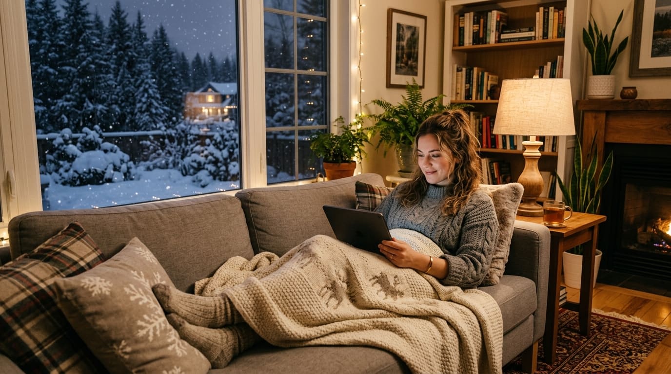 What does 111 mean — person on a couch checking lottery results on a tablet with a content smile